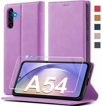 LuxusKollektion Klapph&uuml;lle f&uuml;r Samsung Galaxy A54 5G, Leder, lila, mit Kartenf&auml;chern und St&auml;nder