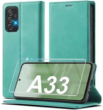 LuxusKollektion Flip Wallet H&uuml;lle f&uuml;r Galaxy A33 5G, Leder, gr&uuml;n, mit Kartenf&auml;chern & St&auml;nder