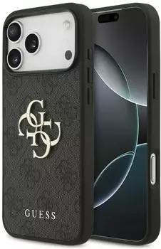 Guess 4G Big Metal Logo H&uuml;lle f&uuml;r iPhone 18 Pro Max, Kunstleder, grau (GUHCP18XPSQSSGK)