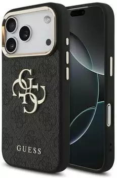 Guess H&uuml;lle PU Leder 4G Metall Logo Goldrahmen f&uuml;r Apple iPhone 18 Pro / iPhone 17 Pro Gold Schwarz