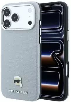 Karl Lagerfeld Lederhülle Genarbt KH Metal MagSafe Apple iPhone 18 Pro / 17 Pro Grau