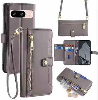 Betterfon Handyhülle mit Kette, Kartenfächer, PU-Leder, grau (Pixel 8)