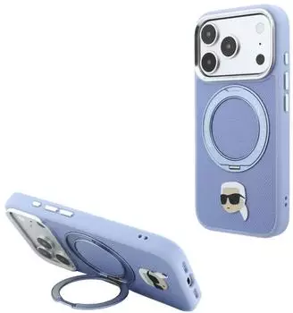 Karl Lagerfeld iPhone 17 Pro / 18 Pro H&uuml;lle mit 360&deg; Ringst&auml;nder, MagSafe, Karl-Kopf-Emblem, hellblau