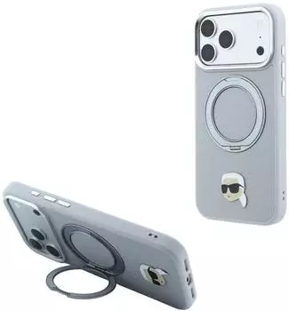 Karl Lagerfeld Case Karl Head Pin Ring Stand 360 MagSafe Apple iPhone 17 Pro / 18 Pro Grau
