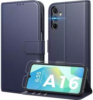 LuxusKollektion Klapphülle für Samsung Galaxy A16 5G/4G, Kunstleder, blau, Kartenfach, RFID-Schutz, Panzerglas