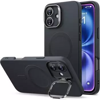 LuxusKollektion iPhone 16 Silikon-Hülle mit Ständer, MagSafe-kompatibel, schwarz