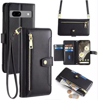 Betterfon Pixel 7 Handykette Hülle mit Kartenfächer, PU Leder, schwarz