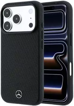 Mercedes-Benz Leather Semi Wrap Wood Effect MagSafe H&uuml;lle f&uuml;r iPhone 17 Pro / 18 Pro, schwarz (MEHMP18L25PFWWPK)