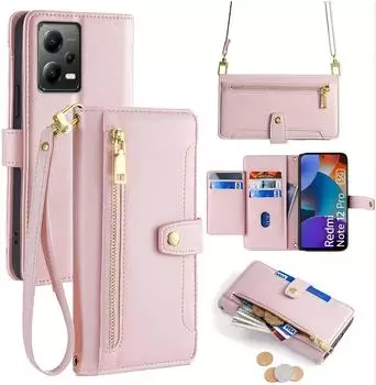 Betterfon Handykette Xiaomi Redmi Note 12 5G / Poco X5 5G mit 5 Kartenfächern, PU-Leder, rosa