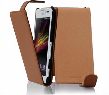 Cadorabo H&uuml;lle f&uuml;r Sony Xperia C in COGNAC BRAUN Handyh&uuml;lle im Flip Design aus strukturiertem Kunstleder