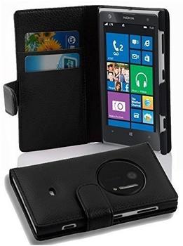 Cadorabo Hülle für Nokia Lumia 1020 in OXID SCHWARZ Handyhülle aus strukturiertem Kunstleder mit Standfunktion und Kartenfach