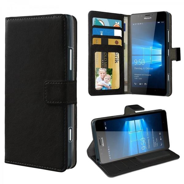 eFabrik Tasche für Microsoft Lumia 950 Cover Handy Zubehör m. Aufsteller Innenfächer Hülle aus Kunstleder, schwarz