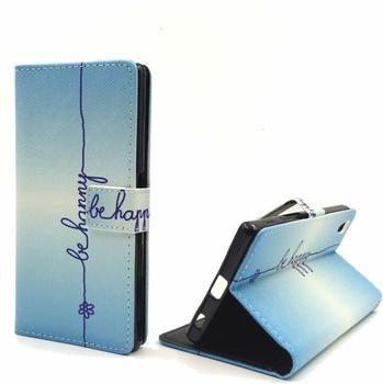 König-Shop Handyhülle Tasche für Handy Sony Xperia Z5 Schriftzug Be Happy Blau