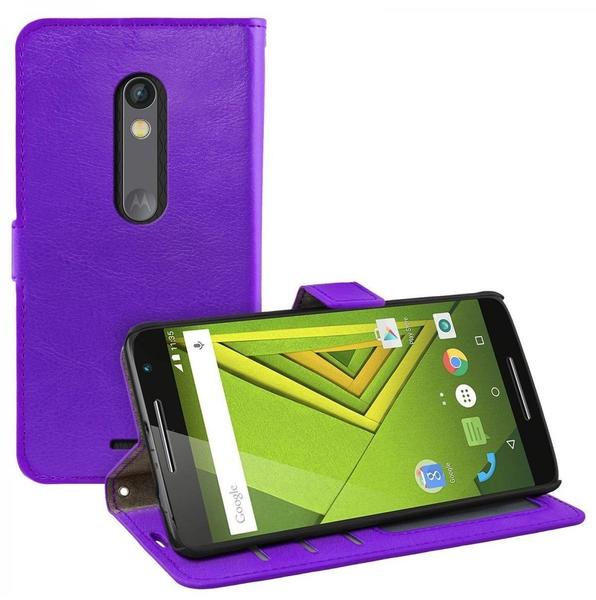 eFabrik Tasche für Motorola Moto X Play Schutztasche Cover Schutz Hülle Handy m. Aufsteller Innenfächer Kunstleder lila