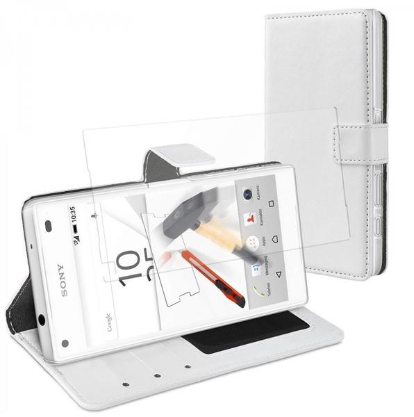 eFabrik Case + Glas Folie für Sony Xperia Z5 COMPACT Cover weiß ( Z5 Mini ) Design Tasche Panzer Displayfolie Schutzfolie Hülle mit Aufsteller u. Innenfächer aus Kunstleder