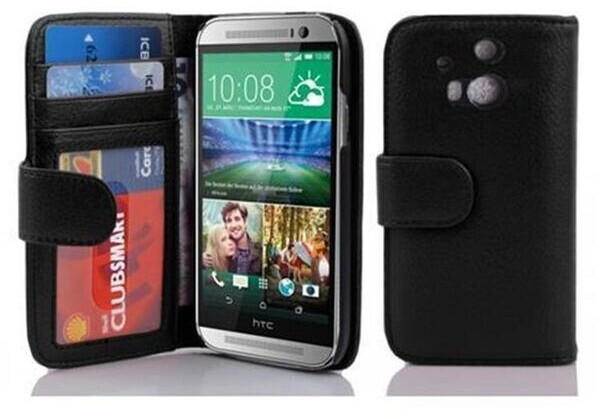 Cadorabo Hülle für HTC ONE M8 (2. Gen.) in OXID SCHWARZ Handyhülle mit Magnetverschluss und 3 Kartenfächern