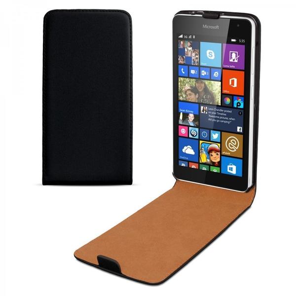 eFabrik Hülle Microsoft Lumia 535 Tasche Handy Smartphone Schutz Flip Case Leder, Schwarz