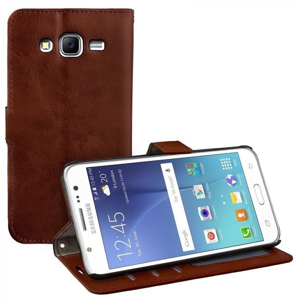 eFabrik Schutz Hülle für Samsung Galaxy J5 Tasche Smartphone Zubehör Aufsteller Innenfächer Bookstyle Handy Case Wallet Leder-Optik braun