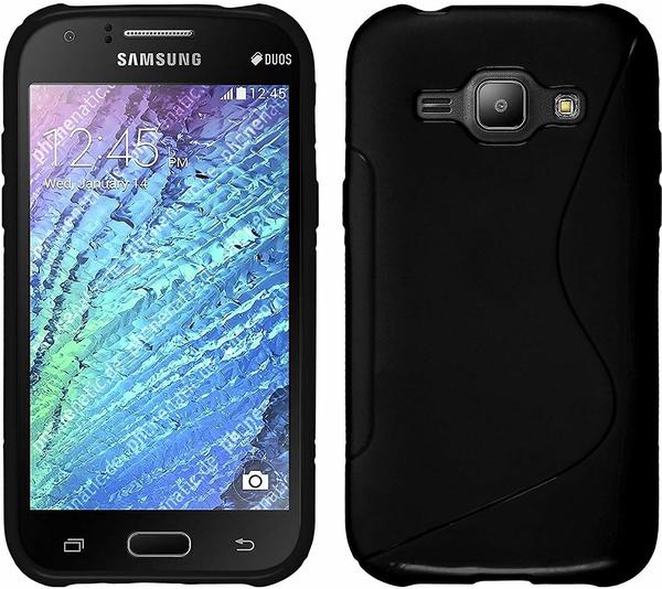 PhoneNatic S-Style Silikon Hülle mit Schutzfolien für Samsung Galaxy J1 schwarz