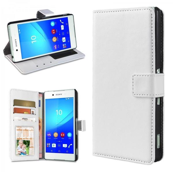 eFabrik - Schutz Tasche für Sony Xperia Z3+ Hülle weiß ( Xperia Z3 plus ) Handy Zubehör Bookstyle Case Aufsteller Innenfächer Wallet Kunstleder