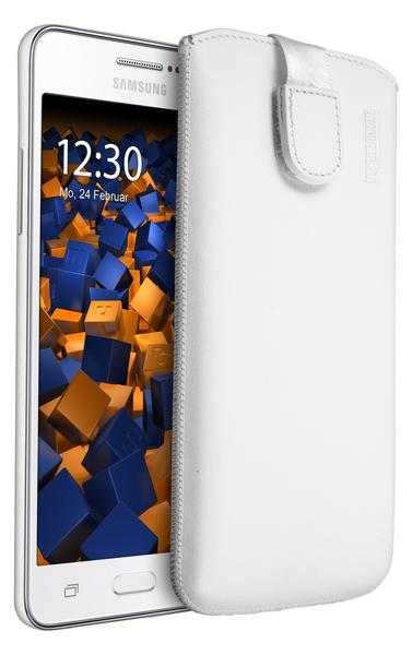 mumbi Leder Etui Tasche mit Ausziehlasche weiß für Samsung Galaxy Grand Prime