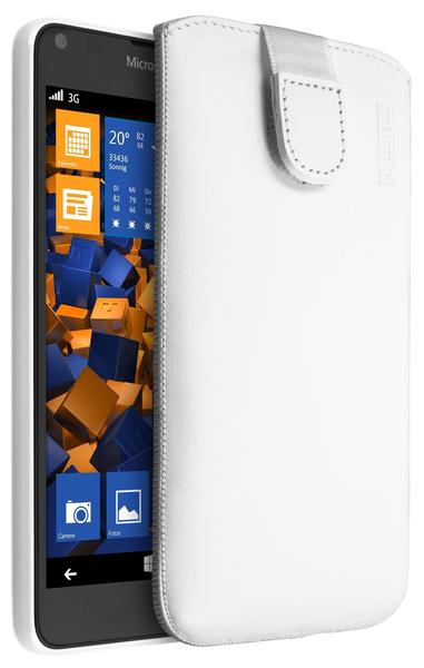 mumbi Leder Etui Tasche mit Ausziehlasche weiß für Microsoft Lumia 640