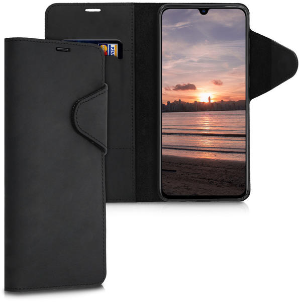 kalibri Samsung Galaxy A70 Hülle - Leder Handyhülle für Samsung Galaxy A70 - Schwarz - Handy Wallet Case Cover