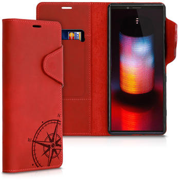kalibri Sony Xperia 1 Hülle - Leder Handyhülle für Sony Xperia 1 - Handy Wallet Case Cover - Kompass Vintage Design Dunkelrot