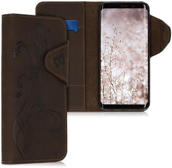 kalibri Samsung Galaxy S9 Hülle - Leder Handyhülle für Samsung Galaxy S9 - Handy Wallet Case Cover - Ranken Schmetterling Design Braun