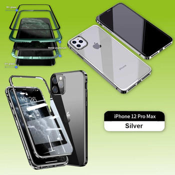Wigento Beidseitiger 360 Grad Magnet / Glas Case Hülle Handy Tasche Bumper Silber für Apple iPhone 12 Pro Max 6.7 Zoll