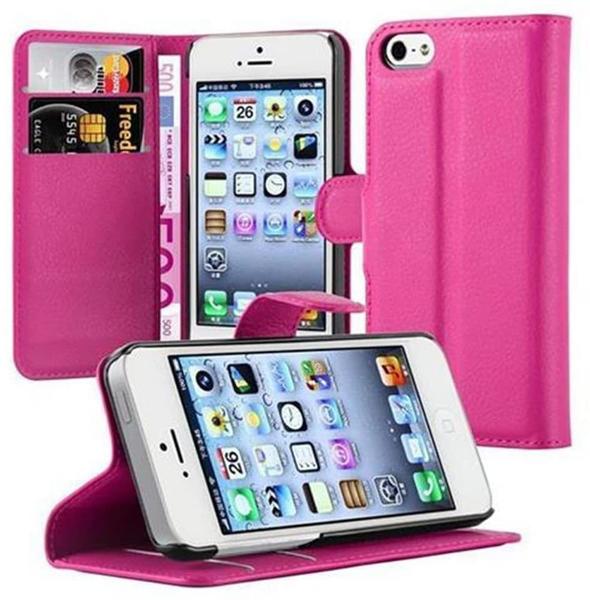 Cadorabo Hülle für Apple iPhone 5 / iPhone 5S / iPhone SE in CHERRY PINK Handyhülle mit Magnetverschluss, Standfunktion und Kartenfach