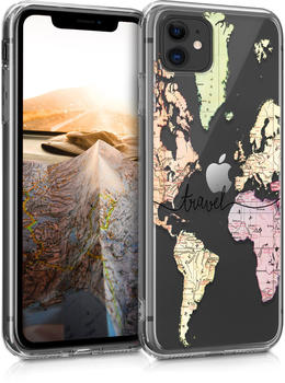 kwmobile Apple iPhone 11 Hülle - Handyhülle für Apple iPhone 11 - Handy Case in Travel Schriftzug Design Schwarz Mehrfarbig Transparent