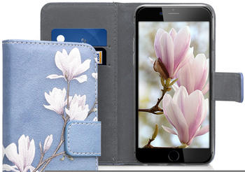 kwmobile Apple iPhone 6 / 6S Hülle - Kunstleder Wallet Case für Apple iPhone 6 / 6S mit Kartenfächern und Stand - Magnolien Design Taupe Weiß Blaugrau