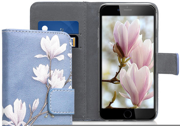 kwmobile Apple iPhone 6 / 6S Hülle - Kunstleder Wallet Case für Apple iPhone 6 / 6S mit Kartenfächern und Stand - Magnolien Design Taupe Weiß Blaugrau