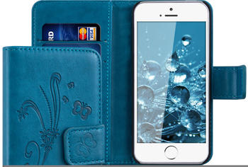 kwmobile Apple iPhone SE / 5 / 5S Hülle - Kunstleder Wallet Case für Apple iPhone SE / 5 / 5S mit Kartenfächern und Stand - Ranken Schmetterling Design Dunkelblau