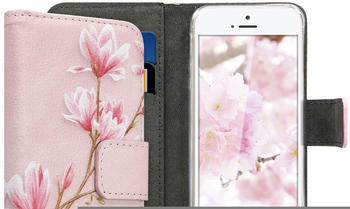 kwmobile Apple iPhone SE / 5 / 5S Hülle - Kunstleder Wallet Case für Apple iPhone SE / 5 / 5S mit Kartenfächern und Stand - Magnolien Design Rosa Weiß Altrosa