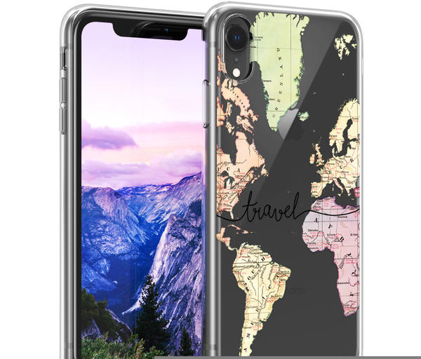 kwmobile Apple iPhone XR Hülle - Handyhülle für Apple iPhone XR - Handy Case in Travel Schriftzug Design Schwarz Mehrfarbig Transparent