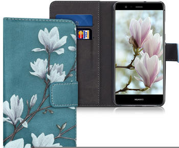 kwmobile Huawei P10 Lite Hülle - Kunstleder Wallet Case für Huawei P10 Lite mit Kartenfächern und Stand - Magnolien Design Taupe Weiß Blaugrau