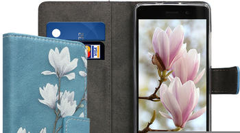 kwmobile Huawei P8 Lite (2015) Hülle - Kunstleder Wallet Case für Huawei P8 Lite (2015) mit Kartenfächern und Stand - Magnolien Design Taupe Weiß Blaugrau