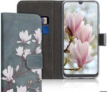 kwmobile Samsung Galaxy A50 Hülle - Kunstleder Wallet Case für Samsung Galaxy A50 mit Kartenfächern und Stand - Magnolien Design Taupe Weiß Blaugrau