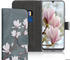 kwmobile Samsung Galaxy A50 Hülle - Kunstleder Wallet Case für Samsung Galaxy A50 mit Kartenfächern und Stand - Magnolien Design Taupe Weiß Blaugrau