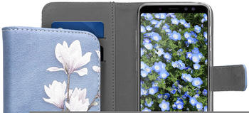 kwmobile Samsung Galaxy A8 (2018) Hülle - Kunstleder Wallet Case für Samsung Galaxy A8 (2018) mit Kartenfächern und Stand - Magnolien Design Taupe Weiß Blaugrau