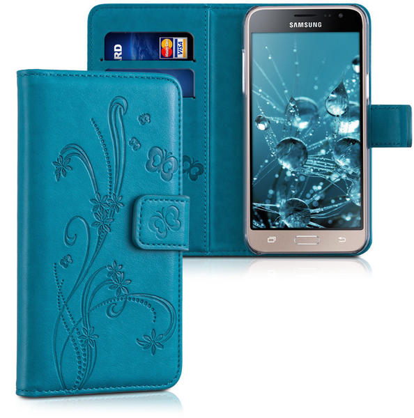 kwmobile Samsung Galaxy J3 (2016) DUOS Hülle - Kunstleder Wallet Case für Samsung Galaxy J3 (2016) DUOS mit Kartenfächern und Stand - Ranken Schmetterling Design Dunkelblau