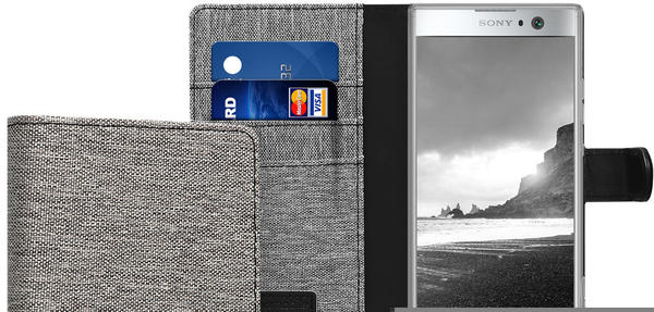 kwmobile Sony Xperia XA2 Hülle - Kunstleder Wallet Case für Sony Xperia XA2 mit Kartenfächern und Stand - Grau Schwarz