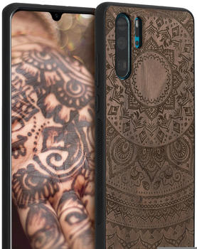 kwmobile Holz Schutzhülle für Huawei P30 Pro - Hardcase Hülle mit TPU Bumper Walnussholz in Indische Sonne Design Dunkelbraun - Handy Case Cover