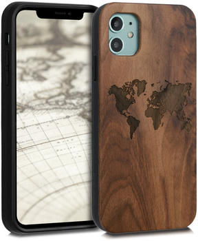 kwmobile Holz Schutzhülle für Apple iPhone 11 - Hardcase Hülle mit TPU Bumper Walnussholz in Travel Umriss Design Dunkelbraun - Handy Case Cover