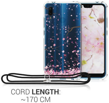 kwmobile Hülle kompatibel mit Huawei P20 Lite - mit Kordel zum Umhängen - Silikon Handy Schutzhülle Kirschblütenblätter Rosa Dunkelbraun Transparent