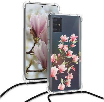 kwmobile Hülle kompatibel mit Samsung Galaxy A51 - mit Kordel zum Umhängen - Silikon Handy Schutzhülle Magnolien Rosa Weiß Transparent
