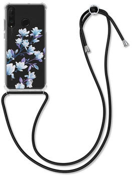kwmobile Huawei P30 Lite - mit Kordel zum Umhängen - Silikon Handy Schutzhülle Magnolien Blau Violett Transparent