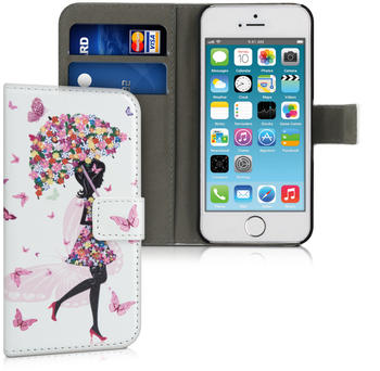 kwmobile Apple iPhone SE / 5 / 5S Hülle - Kunstleder Wallet Case für Apple iPhone SE / 5 / 5S mit Kartenfächern und Stand - Mädchen Schirm Design Mehrfarbig Pink Weiß